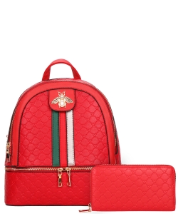 2in1 Bee Accent Quilted Backpack Wallet Set CR-7226WPP RED